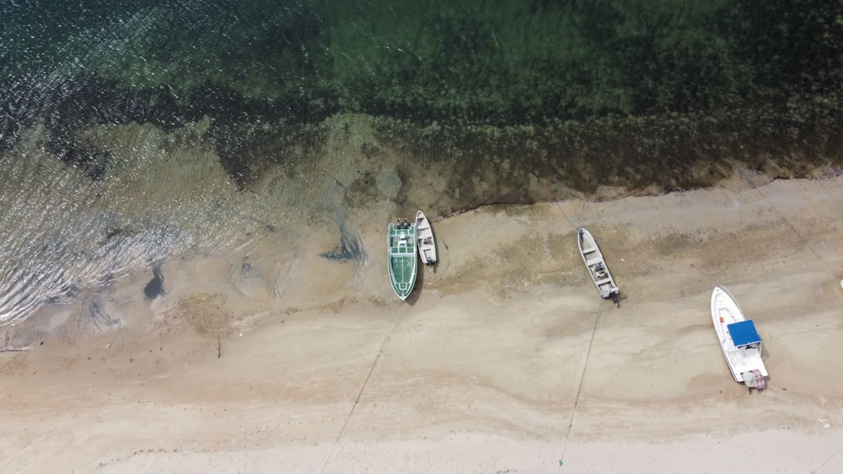 Des pirogues colorées échouées sur une plage sénégalaise.